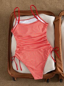 SHEIN Swim 可愛女孩休閒度假風青春感碎花隨機印花海灘海邊綁帶抽繩修身顯身材露背連身泳衣女款 - 彩色 - 查看 8
