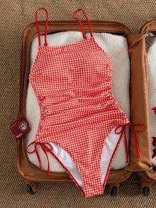 SHEIN Swim 可愛女孩休閒度假風青春感碎花隨機印花海灘海邊綁帶抽繩修身顯身材露背連身泳衣女款 - 彩色 - 查看 7