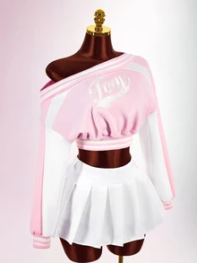 Amplova Women's Colorblock Patchwork Letter Print Asymmetric Collar Cropped Sweatshirt - Pink - View 7