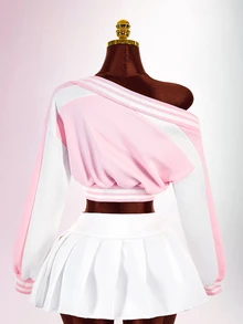 Amplova Women's Colorblock Patchwork Letter Print Asymmetric Collar Cropped Sweatshirt - Pink - View 10