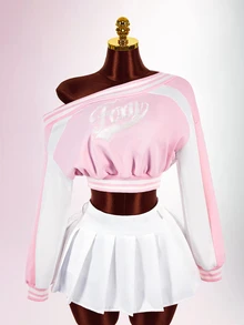 Amplova Women's Colorblock Patchwork Letter Print Asymmetric Collar Cropped Sweatshirt - Pink - View 5