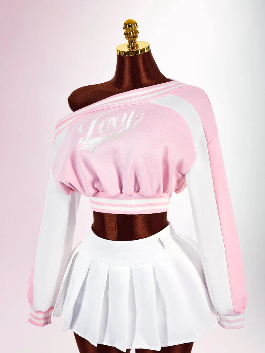 Amplova Women's Colorblock Patchwork Letter Print Asymmetric Collar Cropped Sweatshirt - Pink - View 1