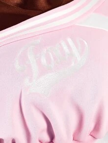 Amplova Women's Colorblock Patchwork Letter Print Asymmetric Collar Cropped Sweatshirt - Pink - View 3