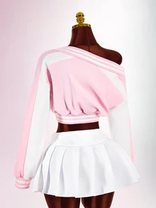 Amplova Women's Colorblock Patchwork Letter Print Asymmetric Collar Cropped Sweatshirt - Pink - View 9