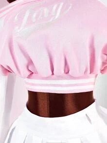 Amplova Women's Colorblock Patchwork Letter Print Asymmetric Collar Cropped Sweatshirt - Pink - View 6