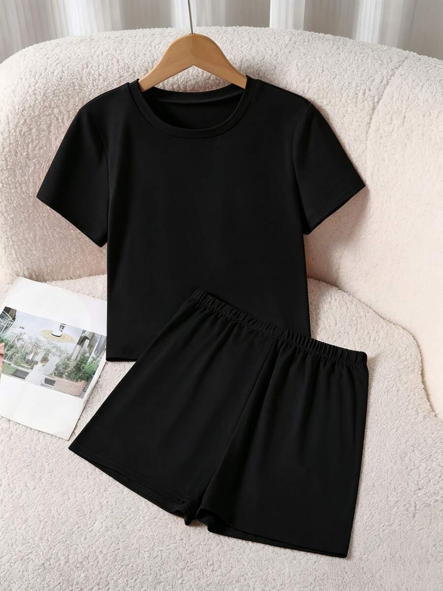 SHEIN 青少年女孩 2件組 短袖圓領夏季黑色休閒寬鬆迷你套裝,適合海灘、六年級、生日派對、演唱會穿搭,附緊身褲,Y2K風格 - 黑色 - 查看 1