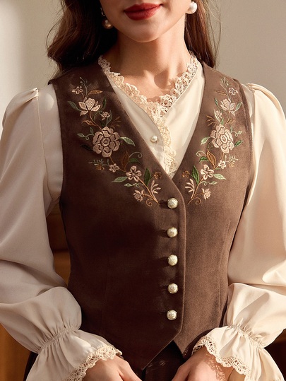Vintamour Vintage Elegant Women's Blazer Vest, Summer/ Floral Embroidered Button Casual Commute Vacation Holiday Top Everyday High Tea Brown Floral Beige