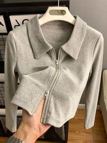 Resyla Women's Autumn Casual Versatile Double Zipper Top - Grey - View 1