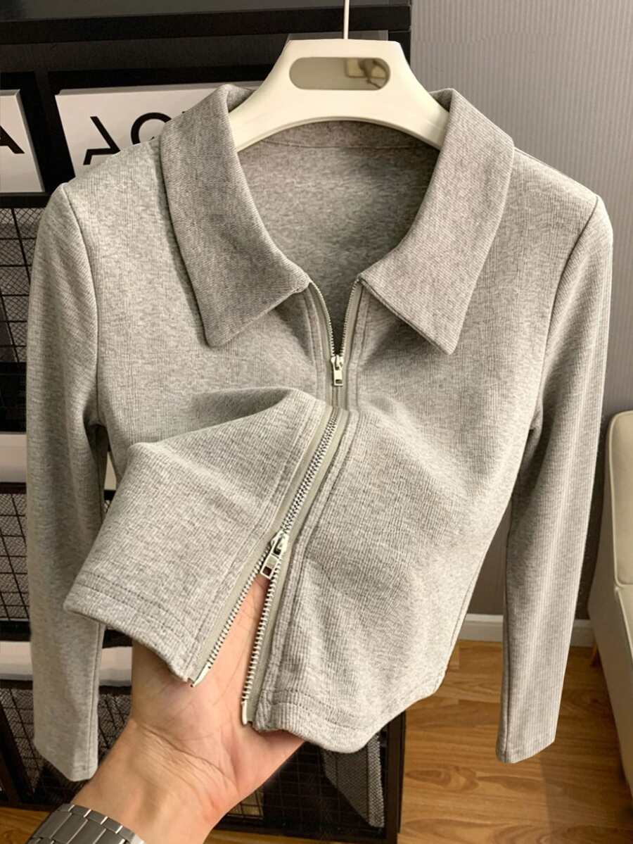Resyla Women's Autumn Casual Versatile Double Zipper Top - Grey - View 1