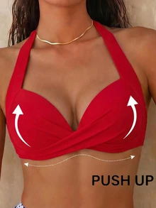 Voyashape 2025 Women Solid Color Halter Tie Bikini Swimwear Top Summer - Red - View 8