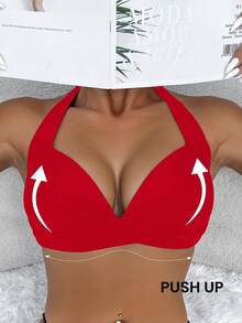 Voyashape 2025 Women Solid Color Halter Tie Bikini Swimwear Top Summer - Red - View 5