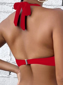Voyashape 2025 Women Solid Color Halter Tie Bikini Swimwear Top Summer - Red - View 3