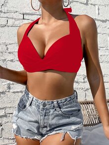 Voyashape 2025 Women Solid Color Halter Tie Bikini Swimwear Top Summer - Red - View 6