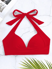 Voyashape 2025 Women Solid Color Halter Tie Bikini Swimwear Top Summer - Red - View 4