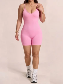 SHEIN Unity Women's Solid Color Casual Daily Outdoor Sports Camisole Romper - Pink - View 3