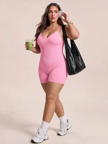 SHEIN Unity Women's Solid Color Casual Daily Outdoor Sports Camisole Romper - Pink - View 5