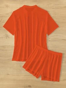 SHEIN Swim Summer Beach Women's Solid Color Simple Daily Hollow Out Cover Up 2pcs/Set - Burnt Orange - View 6