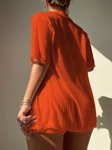 SHEIN Swim Summer Beach Women's Solid Color Simple Daily Hollow Out Cover Up 2pcs/Set - Burnt Orange - View 2