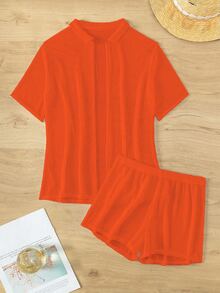 SHEIN Swim Summer Beach Women's Solid Color Simple Daily Hollow Out Cover Up 2pcs/Set - Burnt Orange - View 4