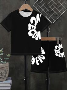 1 Random Set,  Summer Fashion New Boys Outfit, Personalized Artistic Side Letter Print Short Sleeve & Shorts 2 Pieces Set - Multicolor - View 6