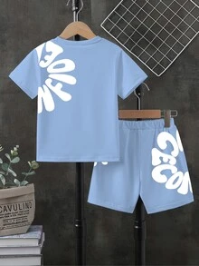 1 Random Set,  Summer Fashion New Boys Outfit, Personalized Artistic Side Letter Print Short Sleeve & Shorts 2 Pieces Set - Multicolor - View 3