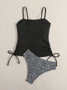 Swim Lushoire 夏季女式比基尼套装，小罗纹碎花泳裤，可调节肩带，休闲海滩度假比基尼上衣 - 黑色 - 查看 4