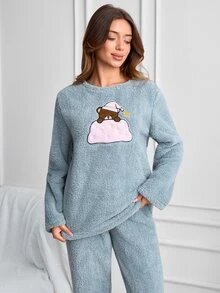 SHEIN Cottnline Cute Sleepy Teddy Embroidered Solid Blue Powder Blue Color Casual Kawaii Plush Pajama Set Lounge Winter - Light Grey - View 7