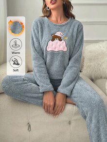 SHEIN Cottnline Cute Sleepy Teddy Embroidered Solid Blue Powder Blue Color Casual Kawaii Plush Pajama Set Lounge Winter - Light Grey - View 4