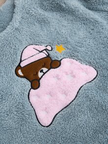 SHEIN Cottnline Cute Sleepy Teddy Embroidered Solid Blue Powder Blue Color Casual Kawaii Plush Pajama Set Lounge Winter - Light Grey - View 6