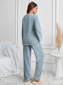 SHEIN Cottnline Cute Sleepy Teddy Embroidered Solid Blue Powder Blue Color Casual Kawaii Plush Pajama Set Lounge Winter - Light Grey - View 3