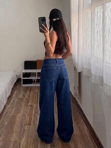 SHEIN ICON 女款寬鬆寬腿休閒街頭風牛仔褲，附口袋，秋季/毛絨內裡，Y2K萬聖節日常校園深藍色 - 藍色 - 查看 3