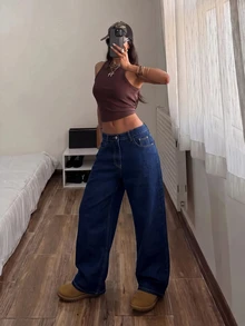 SHEIN ICON 女款寬鬆寬腿休閒街頭風牛仔褲，附口袋，秋季/毛絨內裡，Y2K萬聖節日常校園深藍色 - 藍色 - 查看 4