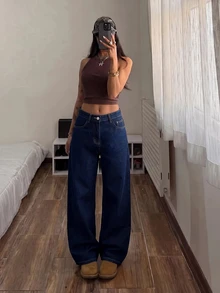SHEIN ICON 女款寬鬆寬腿休閒街頭風牛仔褲，附口袋，秋季/毛絨內裡，Y2K萬聖節日常校園深藍色 - 藍色 - 查看 5