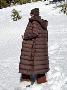 Pariaura Women Solid Color Zipper And Belted Detailed Regular Fit Long Winter Coats - Chocolate Brown - View 5