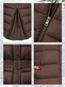 Pariaura Women Solid Color Zipper And Belted Detailed Regular Fit Long Winter Coats - Chocolate Brown - View 9