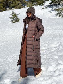 Pariaura Women Solid Color Zipper And Belted Detailed Regular Fit Long Winter Coats - Chocolate Brown - View 8
