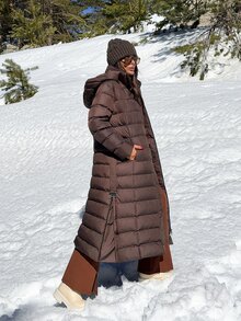 Pariaura Women Solid Color Zipper And Belted Detailed Regular Fit Long Winter Coats - Chocolate Brown - View 6