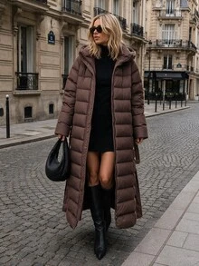 Pariaura Women Solid Color Zipper And Belted Detailed Regular Fit Long Winter Coats - Chocolate Brown - View 3