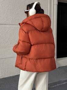 Pariaura Women Solid Color Hooded Regular Fit Winter Coats - لون برتقالي - مشاهدة 8