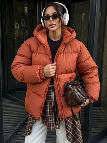 Pariaura Women Solid Color Hooded Regular Fit Winter Coats - لون برتقالي - مشاهدة 3