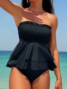 SHEIN Swim 前胸抓皺雙層荷葉邊抹胸三角分體式比基尼套裝，適合海灘、泳池與度假 - 黑色 - 查看 1