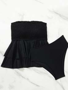 SHEIN Swim 前胸抓皺雙層荷葉邊抹胸三角分體式比基尼套裝，適合海灘、泳池與度假 - 黑色 - 查看 6