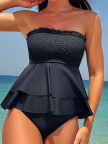 SHEIN Swim 前胸抓皺雙層荷葉邊抹胸三角分體式比基尼套裝，適合海灘、泳池與度假 - 黑色 - 查看 4