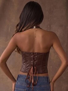 SHEIN BAE Women's Halter Neck Leather Bustier Top, Autumn/Winter - Brown - View 2
