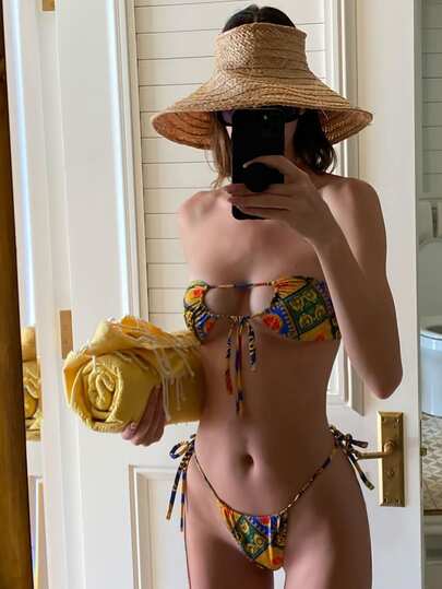 SHEIN Swim Summer Beach Mixed Print Bikini Set Self-Tie Bandeau  Bra & Thong Bottom 2 Piece Bathing Suit