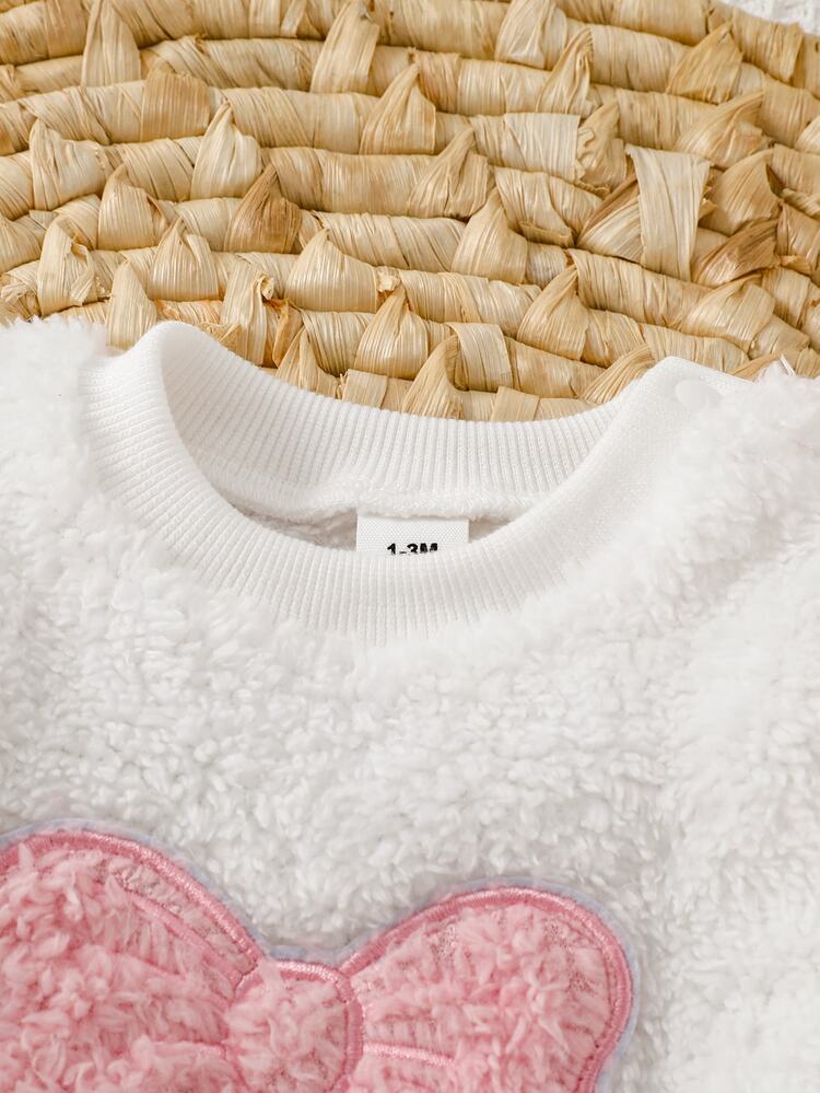SHEIN 2pcs/Set Newborn Baby Girl Autumn/Winter Plush Long Sleeve Outfit, Cute Bowknot Decor Full Moon Outfit - Pink - View 7