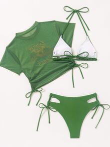 Swim Basics 女士夏季海滩纯色露背性感比基尼套装带字母印花罩衫短袖上衣 - 綠色 - 查看 2