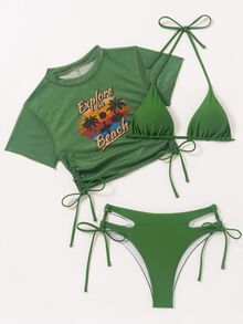 Swim Basics 女士夏季海滩纯色露背性感比基尼套装带字母印花罩衫短袖上衣 - 綠色 - 查看 1