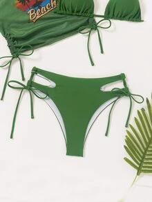 Swim Basics 女士夏季海滩纯色露背性感比基尼套装带字母印花罩衫短袖上衣 - 綠色 - 查看 4