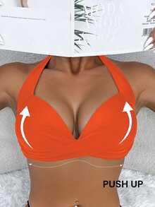 Swim Basics Solid Color Crossed Wrap Halter Bikini Top For Summer Beach Vacation - Orange - View 4